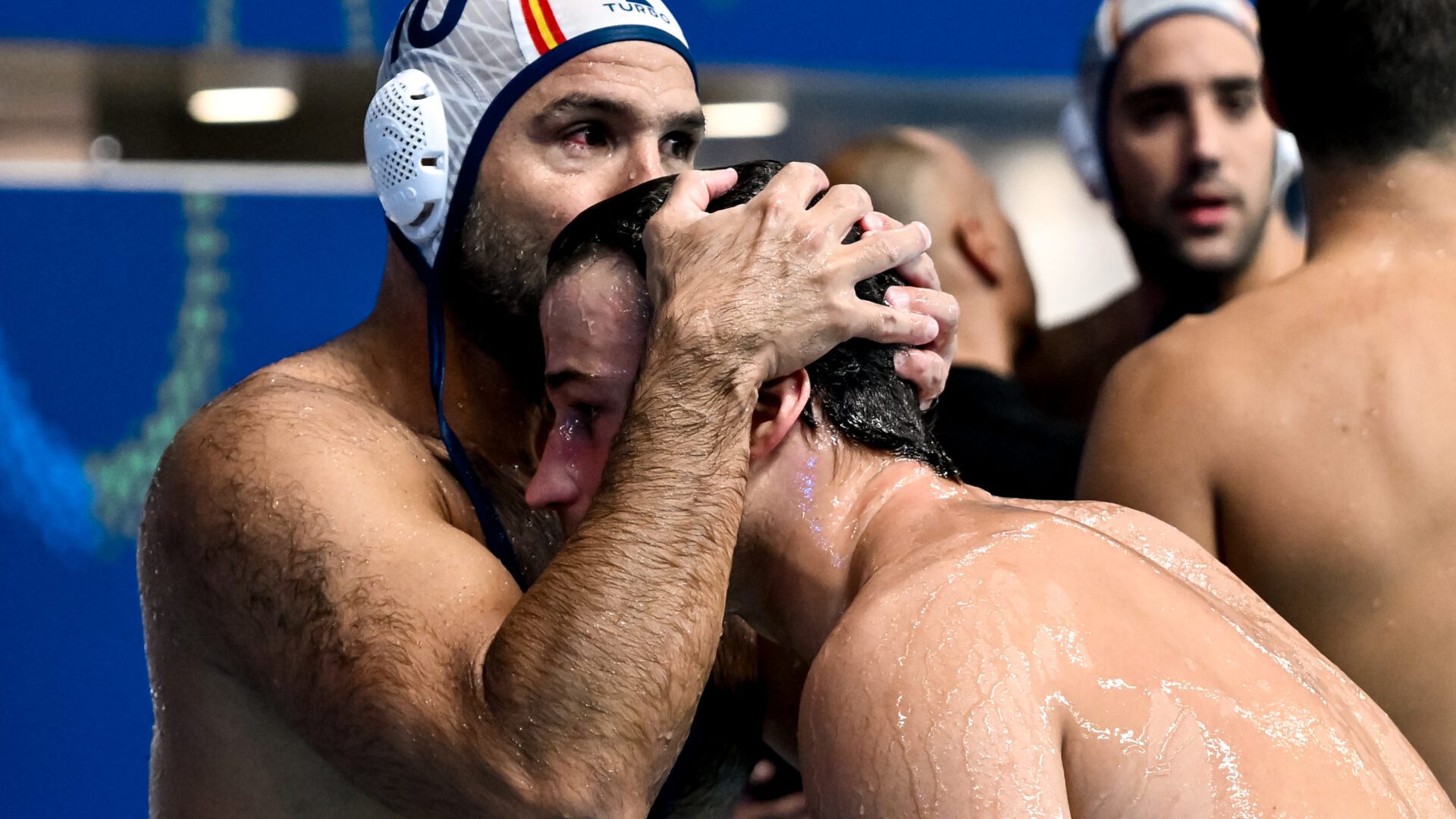 Felipe Perrone Rocha of Spain celebrates after winning in the water polo men match between Spain (light caps) and Hungary (dark caps) of the 22nd World Aquatics Championships at the OCBC Aquatic Centre in Singapore (Singapore), July 16, 2025.